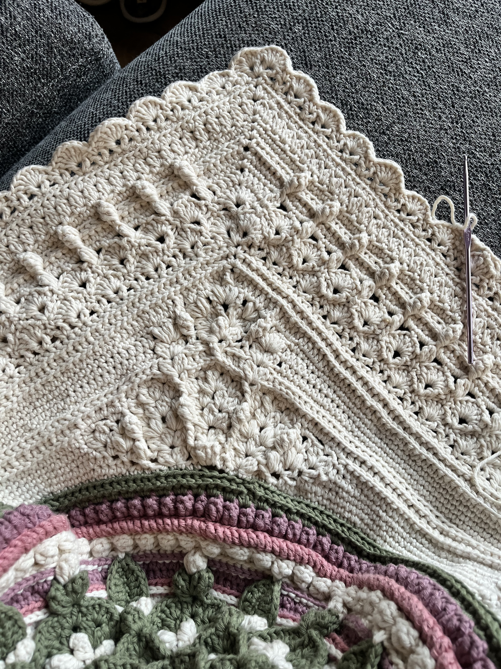 Hooked on Sunshine crochet blanket. Cream cotton.